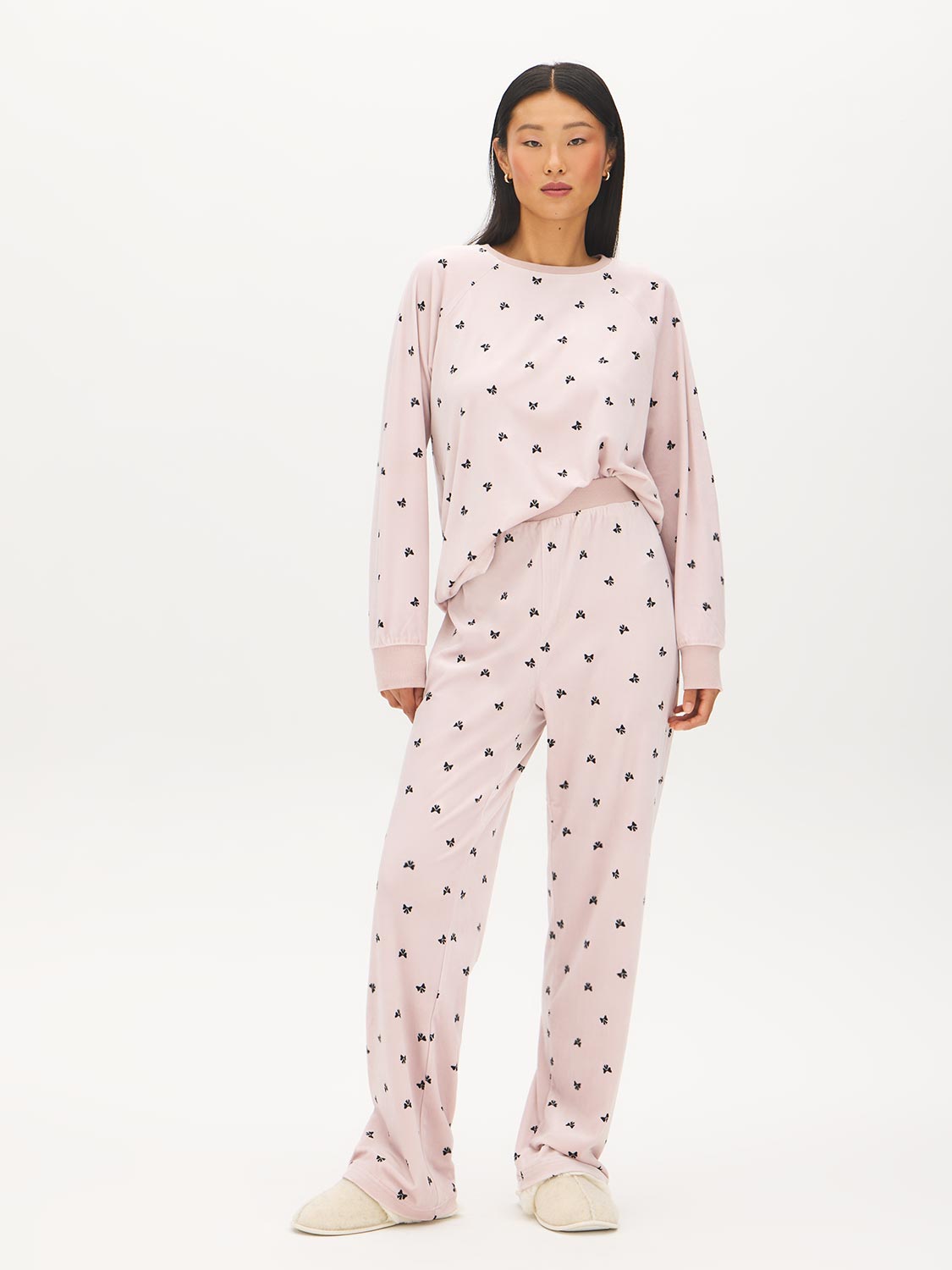 Cloud Gray Velour Bows Print PJ Set - Full Body View - Suzy Shier