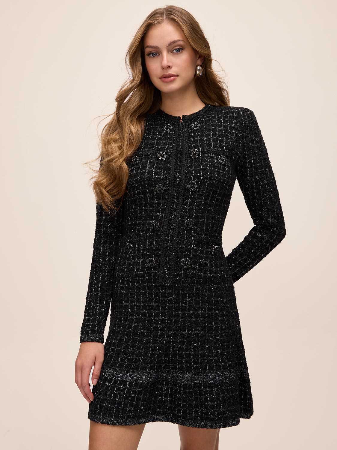 Black/Silver Lurex Boucle Sweater Mini Dress - Front Close-up View - Le Chateau