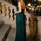 Dark Emerald Glitter Knit Gown with Bow Back - Woman Wearing Floor-Length Evening Dress - Le Chateau