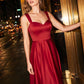 Red Satin Fit & Flare Sleeveless Midi Dress - Woman Wearing Open Back Evening Dress - Le Chateau