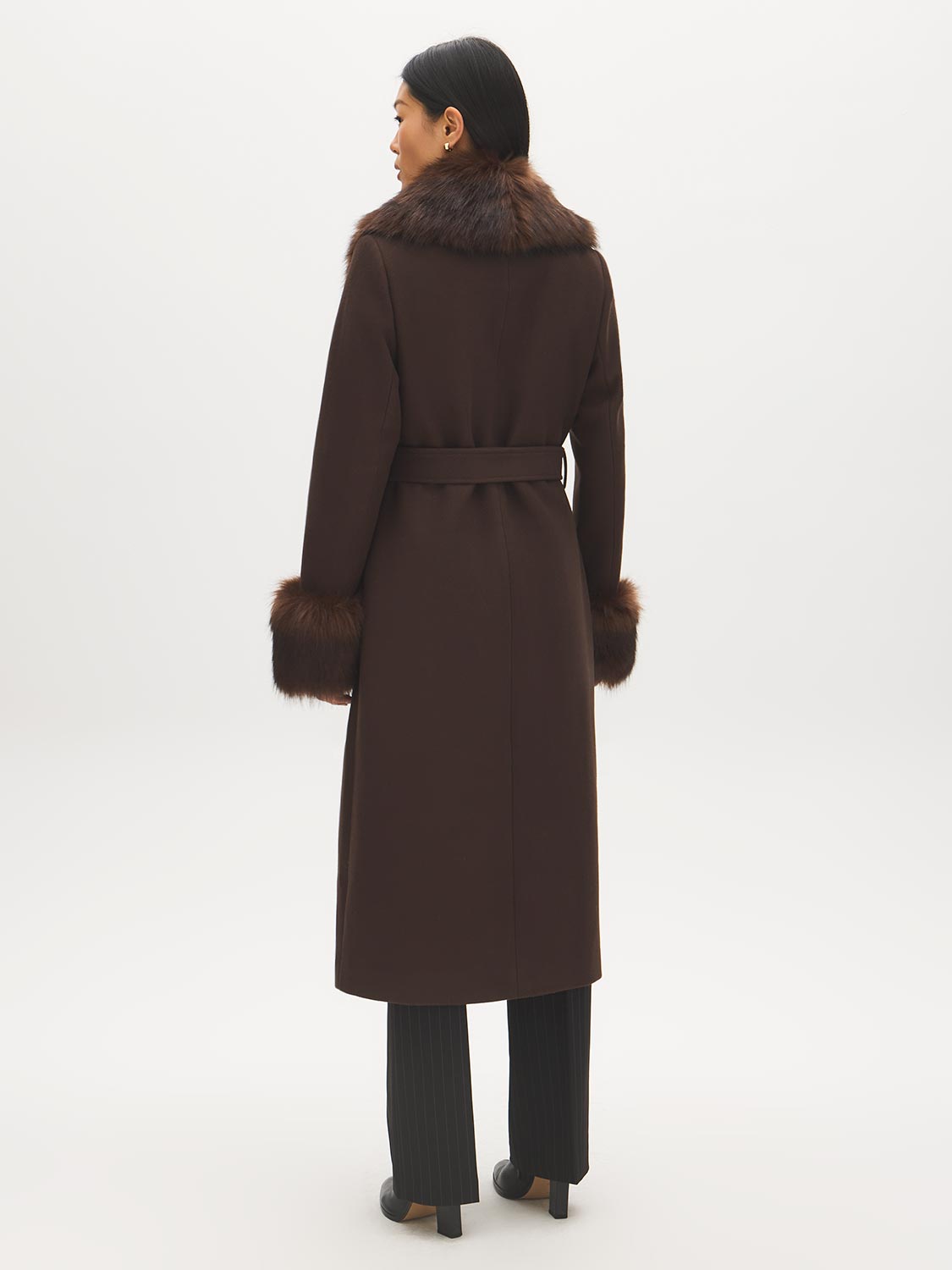 Dark Brown Melange Long Belted Faux Wool Coat - Back View - Suzy Shier