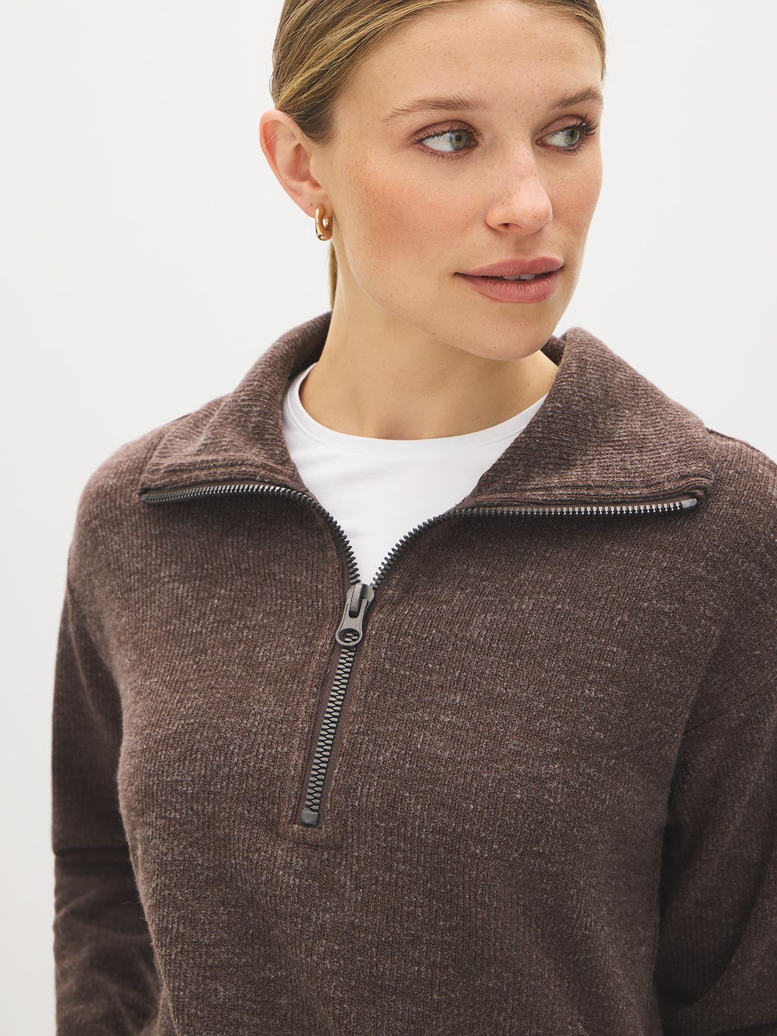 Coffee Bean Fluffy Rib Knit Top with Half Zip - Close-up Half Zip Detail - Suzy Shier