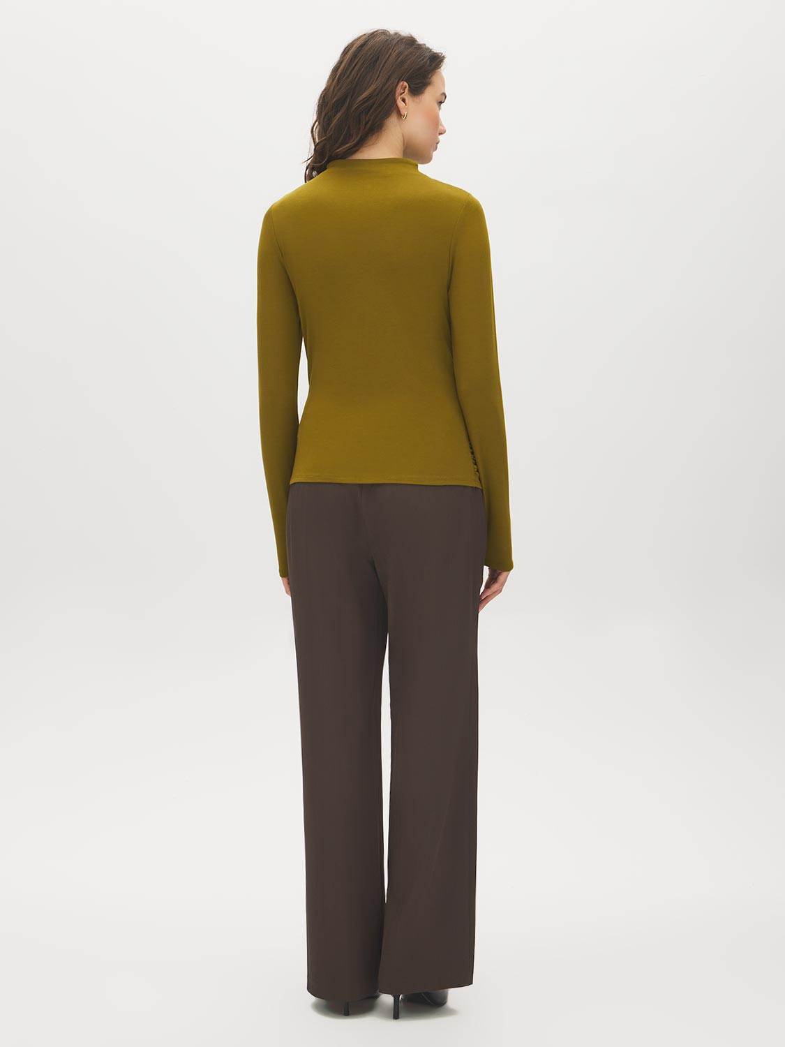 Guacamole Mock Neck Jersey Top with Ruched Detail - Back View - Suzy Shier