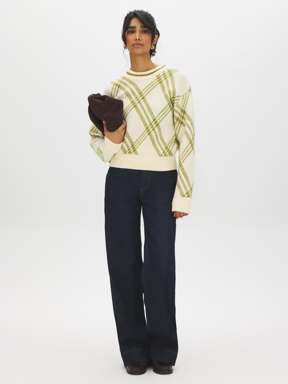 Off White/Green Jacquard Crew Neck Sweater - Front View - Suzy Shier
