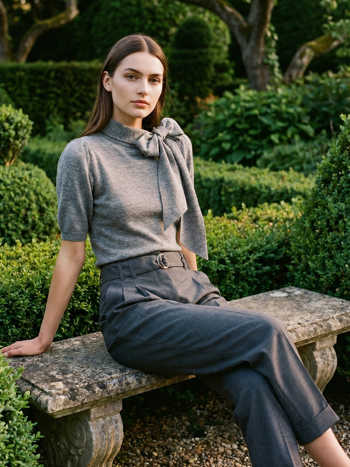 Grey Mix Tie Neck Short Sleeve Knit Sweater - Woman Wearing Cozy Knit Top - Le Chateau