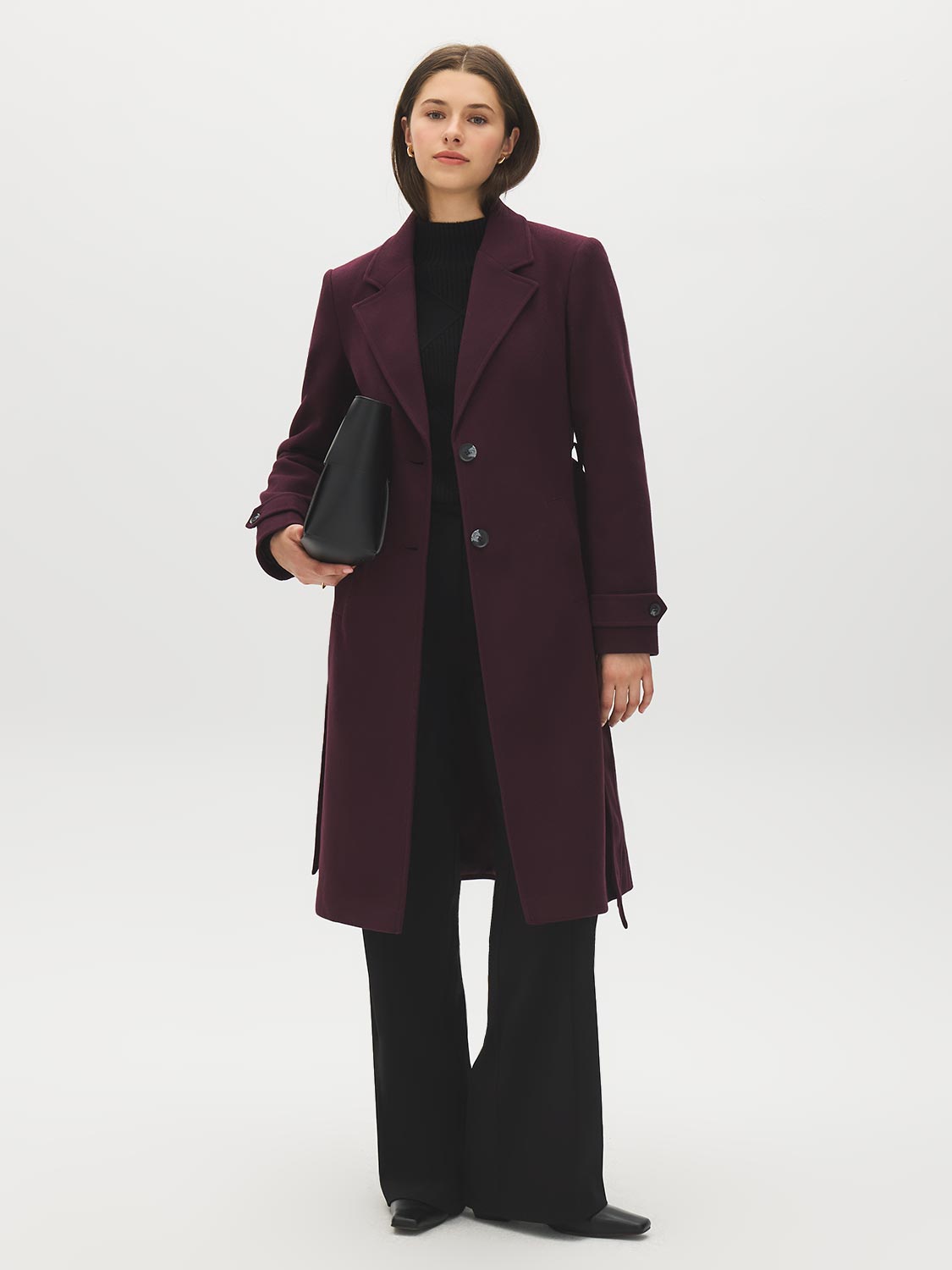 Chicory Coffee Faux Wool Mid-Length Wrap Coat - Full Front View - Suzy Shier
