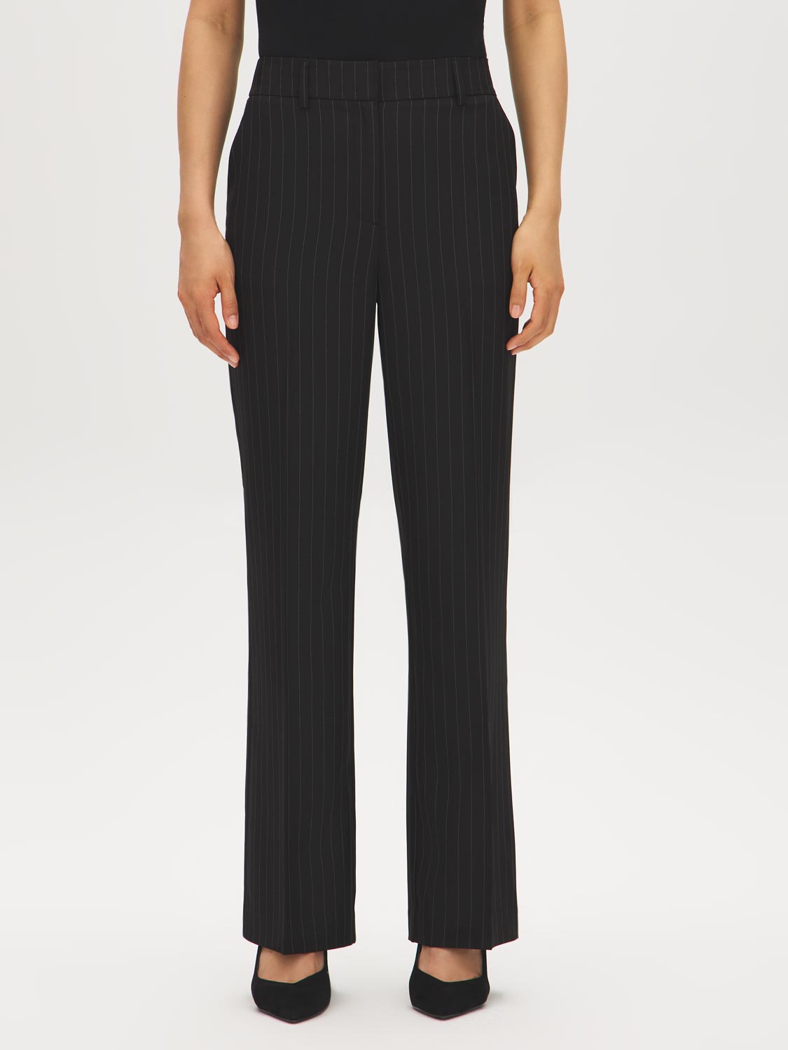 Black/White Stripe Fly-Front Ankle Trousers - Front View - Suzy Shier