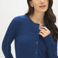 Estate Blue Cable Knit Button-Front Cardigan - Close-up Fabric Detail - Suzy Shier