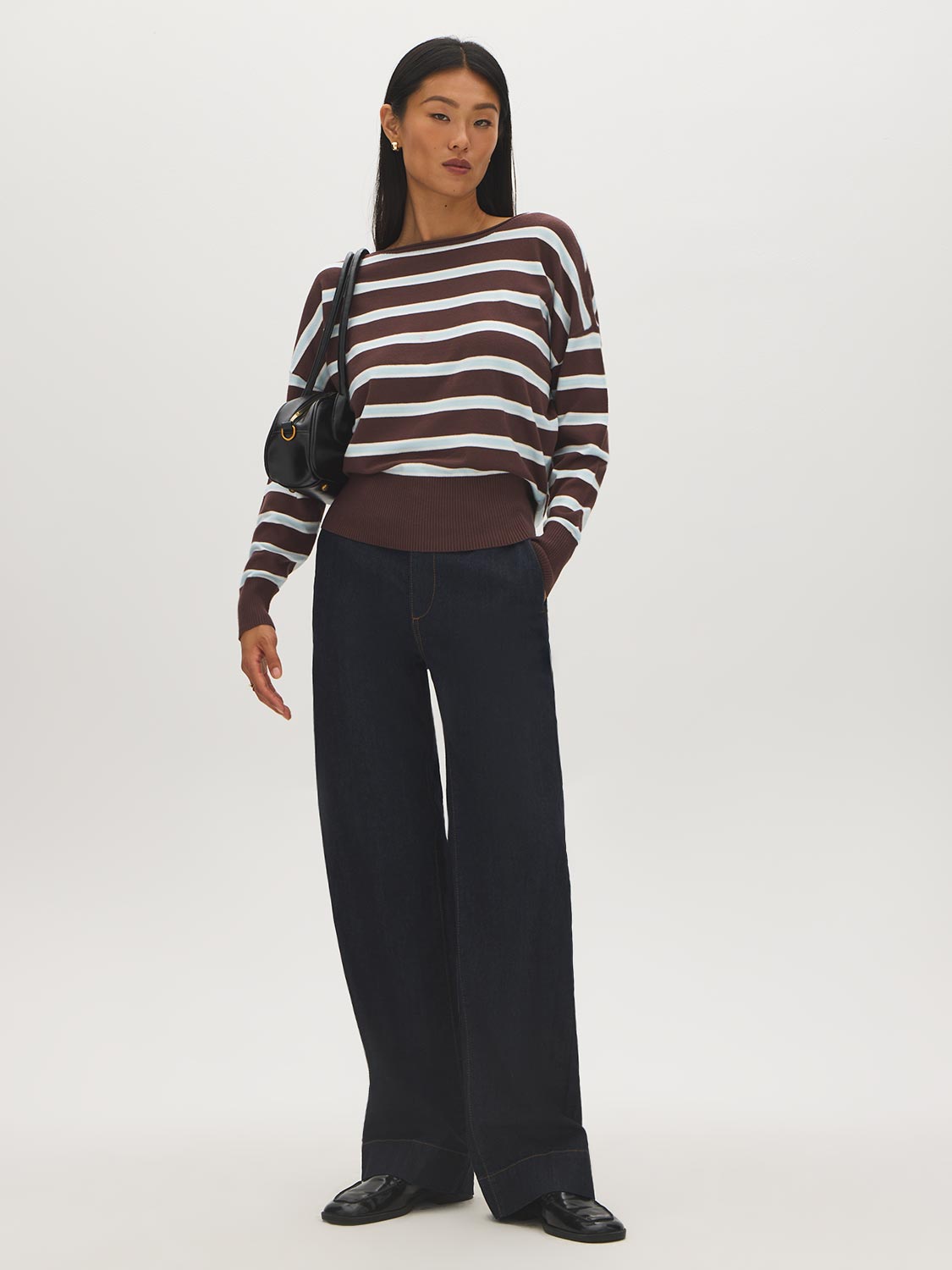 Striped Dolman Sleeve Knit Sweater - Front View - Suzy Shier