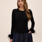 Black Feather Cuff Cardigan - Woman Wearing Knit Sweater with Feather Detail - Le Chateau