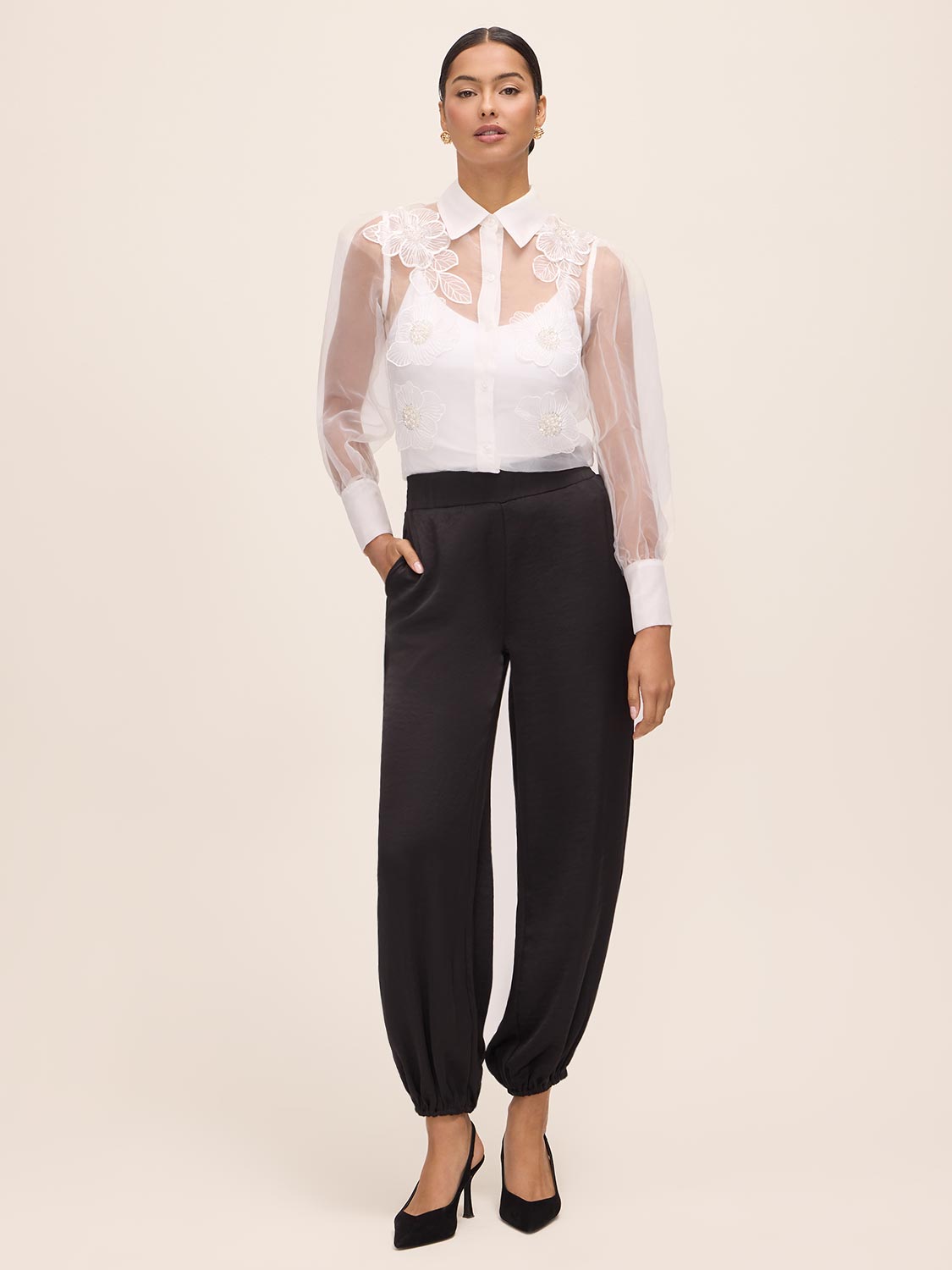 Black Satin Balloon Leg Pant - Front View - Le Chateau