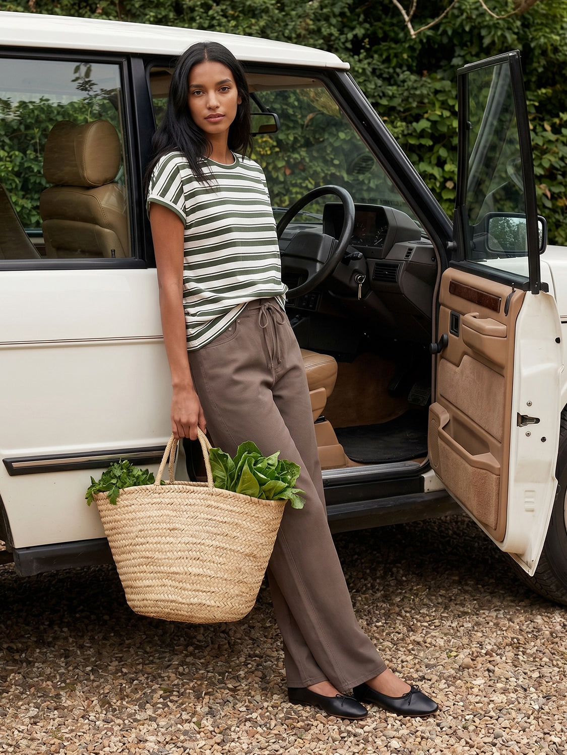 Snow White and Green Striped Dolman Sleeve Knit Top - Woman Wearing Casual Stripe Top - Suzy Shier