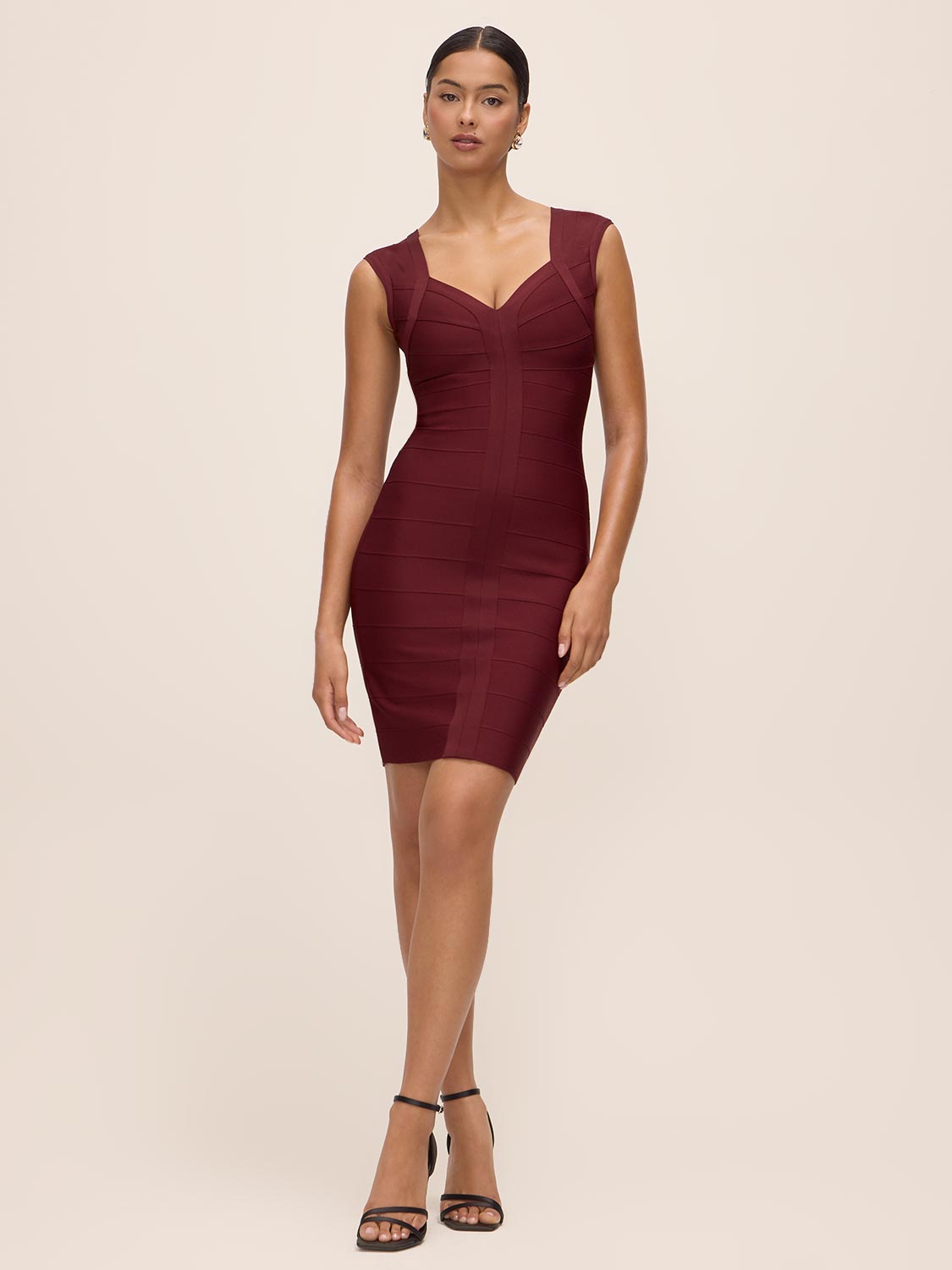 Burgundy V-Neck Bandage Sheath Dress - Front View - Le Chateau