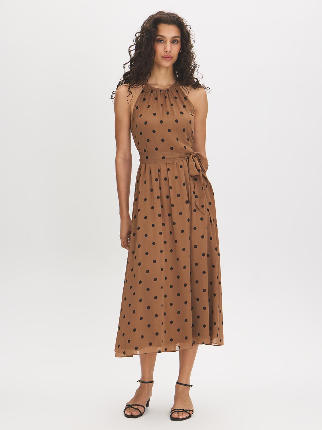 Woodsmoke Polka Dot Halter Midi Dress - Woman Wearing Fit-and-Flare Chiffon Dress - Suzy Shier