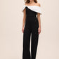 Black/White Asymmetrical Off-Shoulder Knit Jumpsuit - Front View - Le Chateau