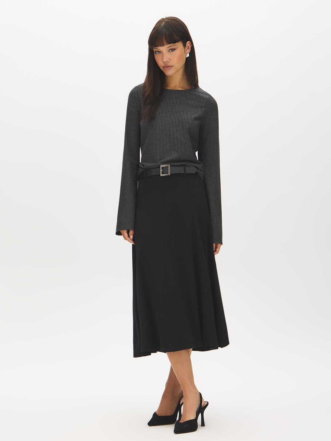 Charcoal and White Striped Jacquard Fitted Top - Front View - Suzy Shier