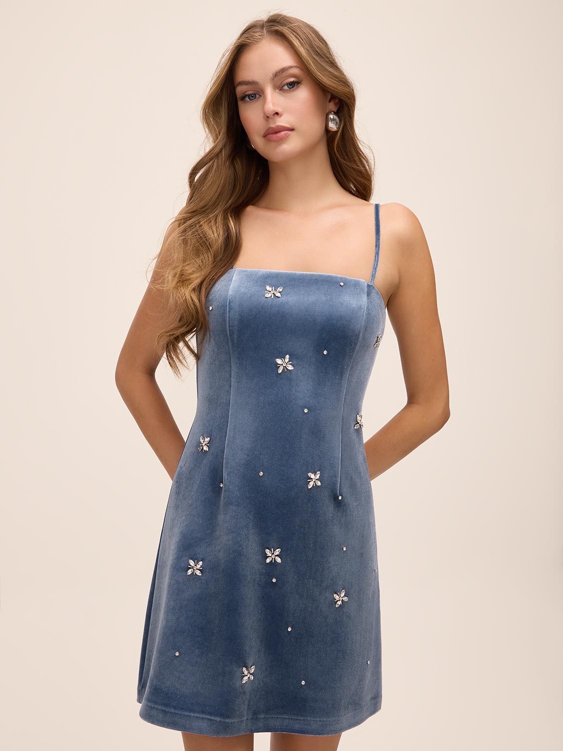 Icy Blue Strapless Velour Mini A-Line Dress - Front Detailed View - Le Chateau
