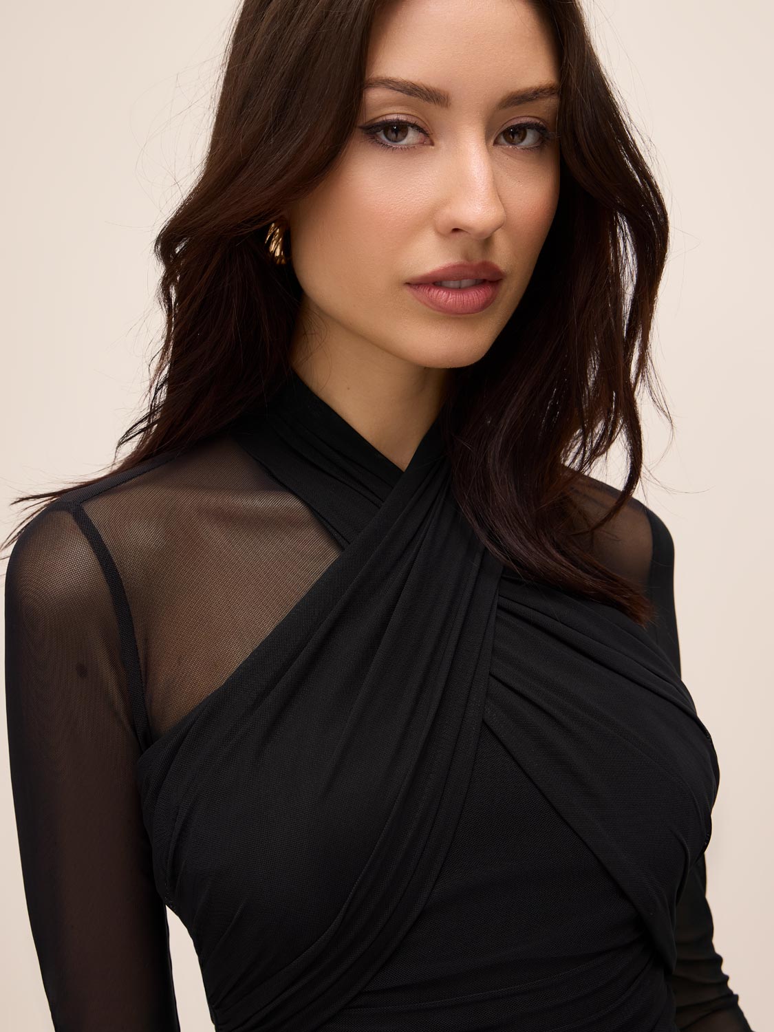 Black Crisscross Halter Mesh Midi Dress - Close-up Fabric Detail - Le Chateau
