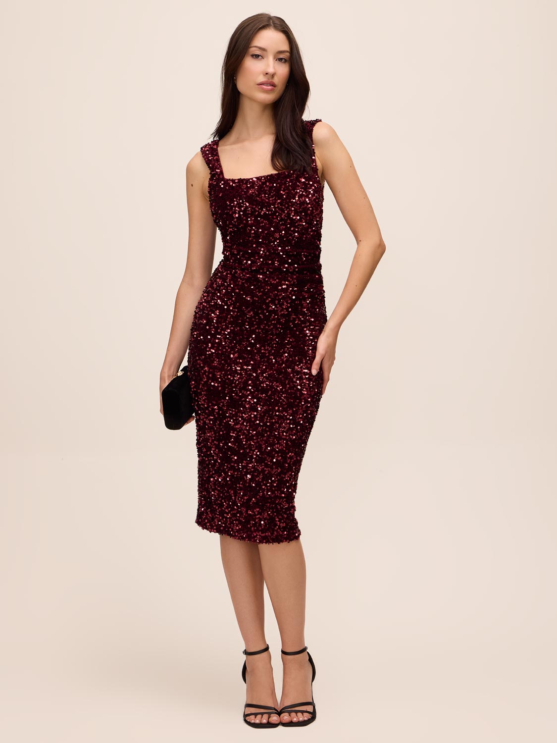 Burgundy Sequin Square Neck Sheath Dress - Woman Wearing Long Sleeve Evening Dress - Le Chateau