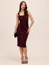Burgundy Sequin Square Neck Sheath Dress - Woman Wearing Long Sleeve Evening Dress - Le Chateau