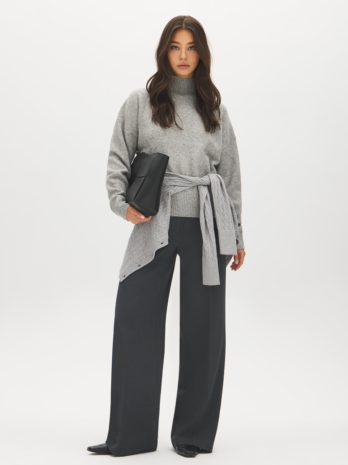 Grey Mix Wide-Leg Trousers with Clean Waistband - Woman Wearing Wide-Leg Pants - Suzy Shier