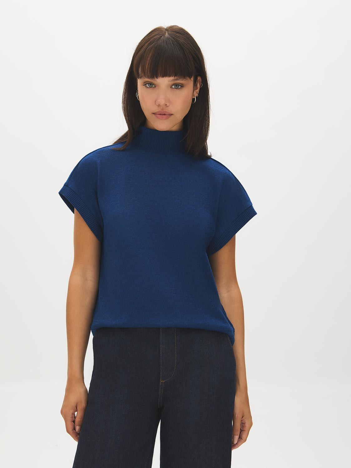 Estate Blue Melange Mock Neck Top - Woman Wearing Soft Knit Top - Suzy Shier