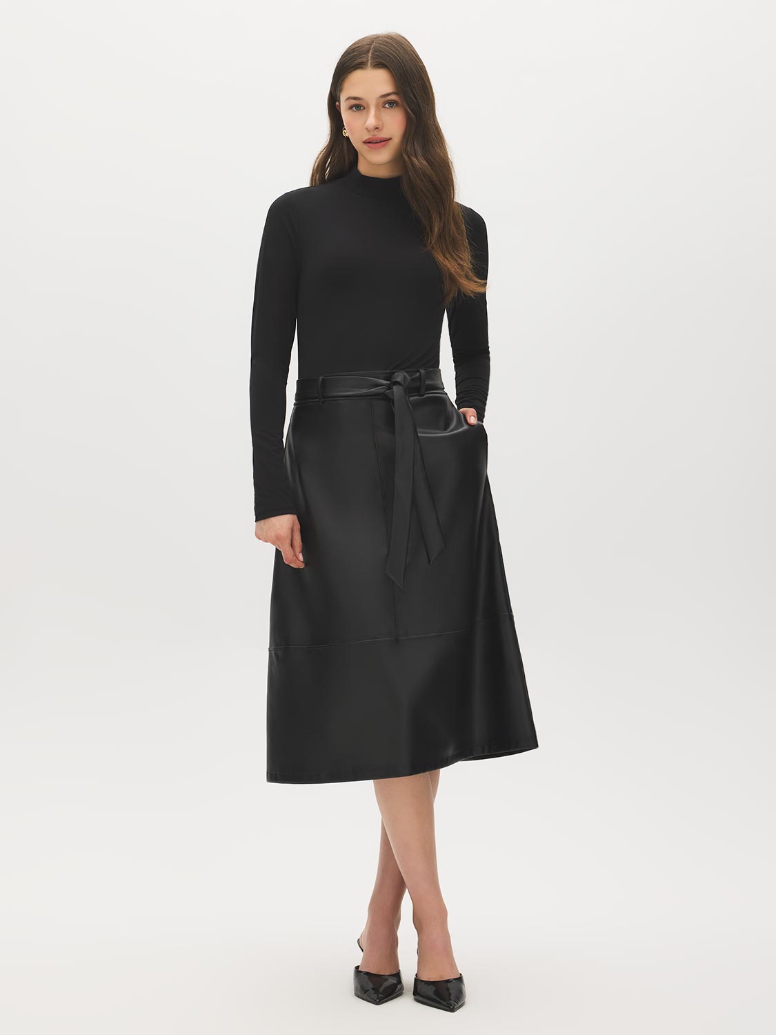 Jet Black Mock Neck Two-Fer Midi Dress - Woman Wearing Knit Top with A-Line Skirt - Suzy Shier