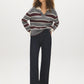 Brown/Burgundy/Dove Striped Polo Collar Knit Sweater - Side Profile View - Suzy Shier