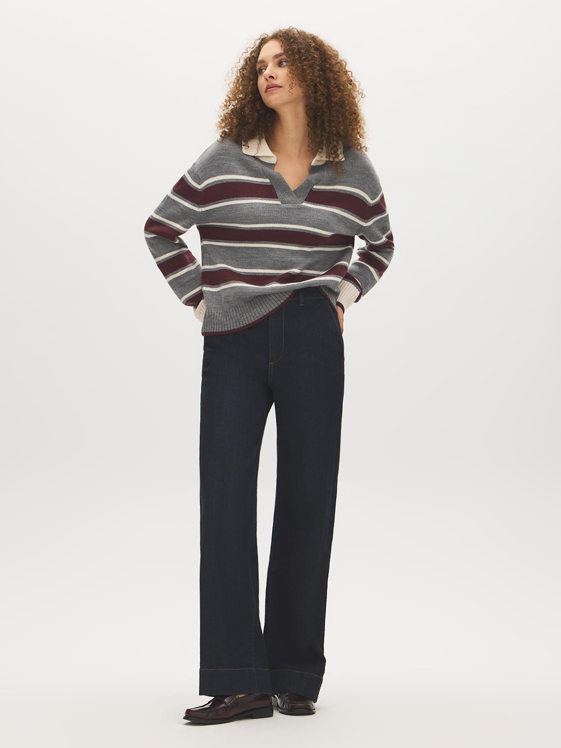 Brown/Burgundy/Dove Striped Polo Collar Knit Sweater - Side Profile View - Suzy Shier