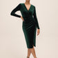 Dark Emerald Velour Crossover Sheath Dress - Woman Wearing Long Sleeve Party Dress - Le Chateau