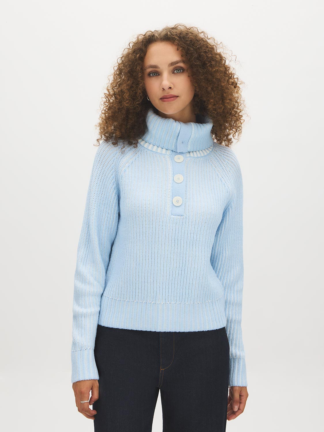 Blue Ribbed Shaker Stitch Sweater with Large Collar - Woman Wearing Button Placket Knitwear - Suzy Shier