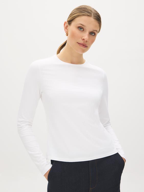 Bright White Long Sleeve Crew Neck Jersey Top - Side Profile View - Suzy Shier