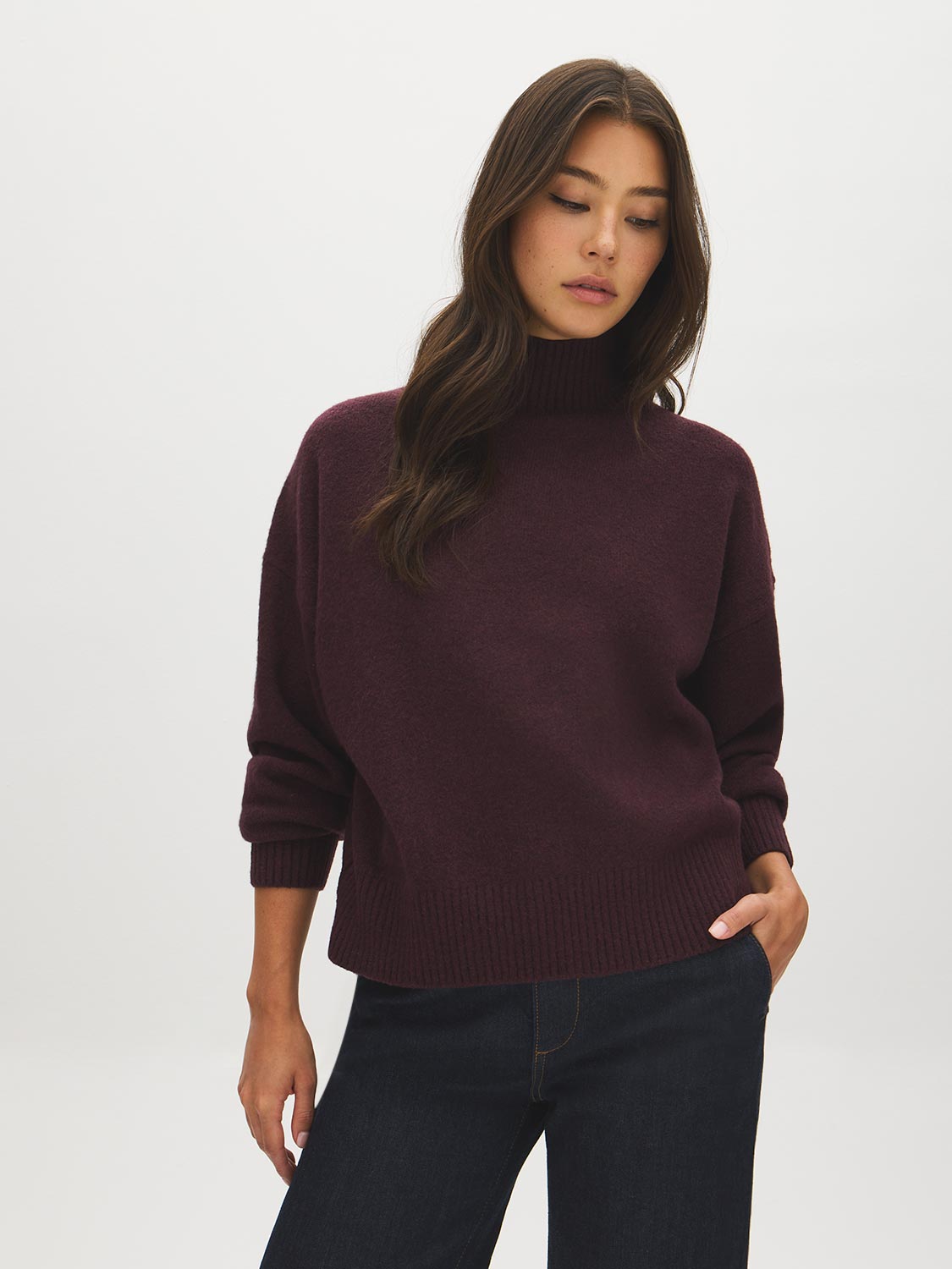 Winetasting Mock Neck Drop Shoulder Sweater - Side Profile View - Suzy Shier