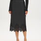 Black Faux Leather Midi Skirt with Lace Hem - Front View - Suzy Shier
