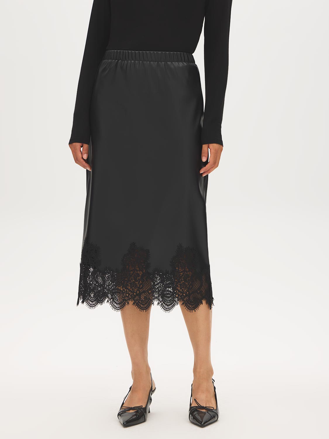 Black Faux Leather Midi Skirt with Lace Hem - Front View - Suzy Shier