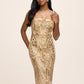 Gold Sequin Mesh Sleeveless Midi Dress - Front View - Le Chateau