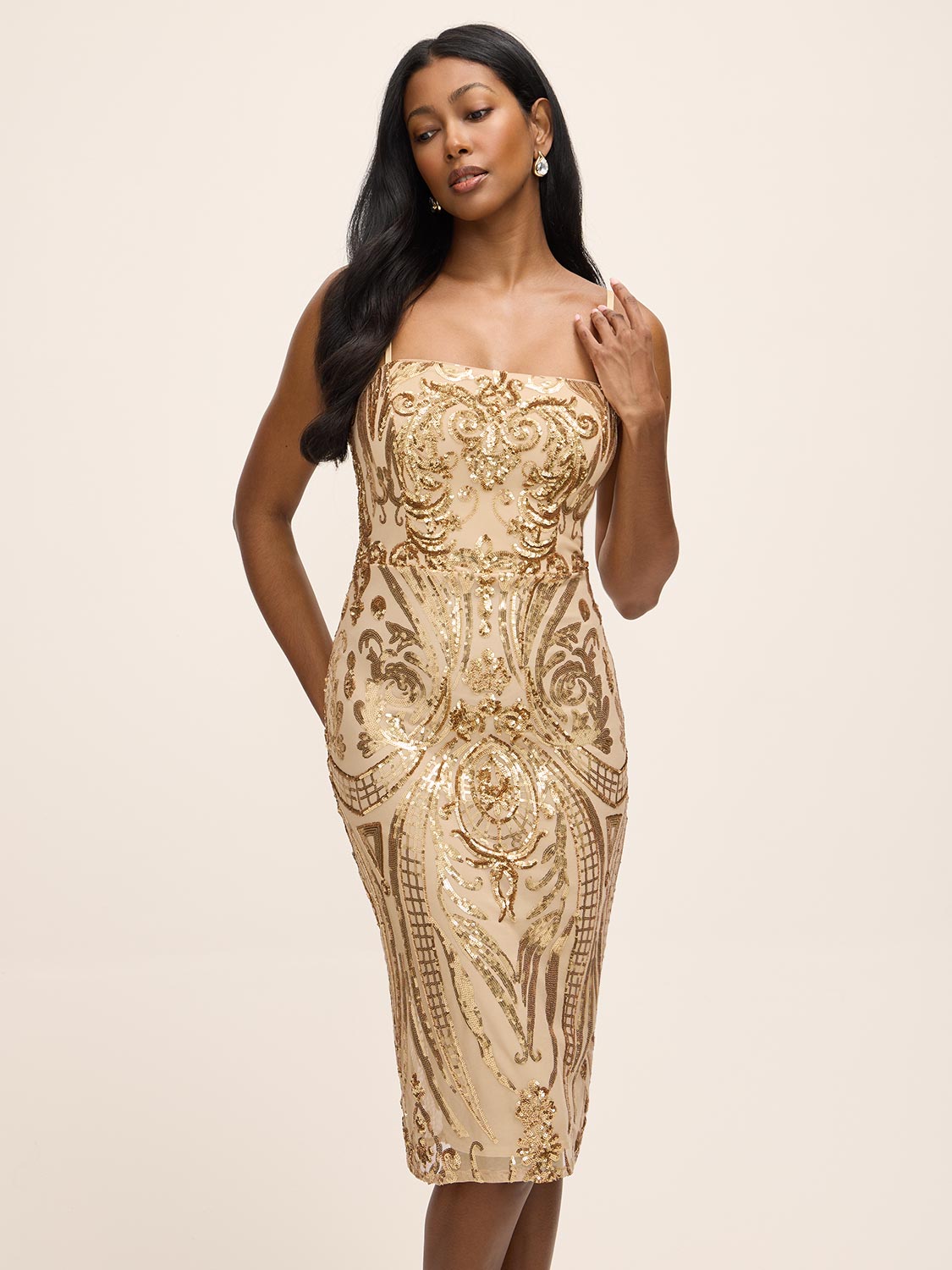 Gold Sequin Mesh Sleeveless Midi Dress - Front View - Le Chateau