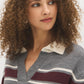 Brown/Burgundy/Dove Striped Polo Collar Knit Sweater - Collar Detail - Suzy Shier