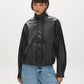 Black Vegan Leather Bomber Jacket with Funnel Neck - Front View - Suzy Shier