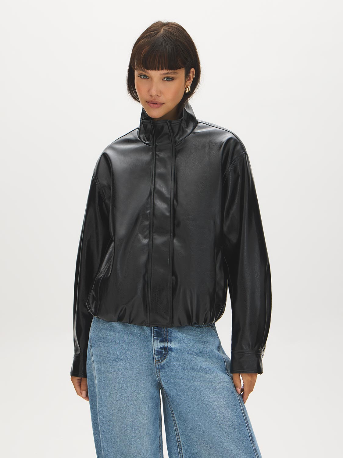 Black Vegan Leather Bomber Jacket with Funnel Neck - Front View - Suzy Shier