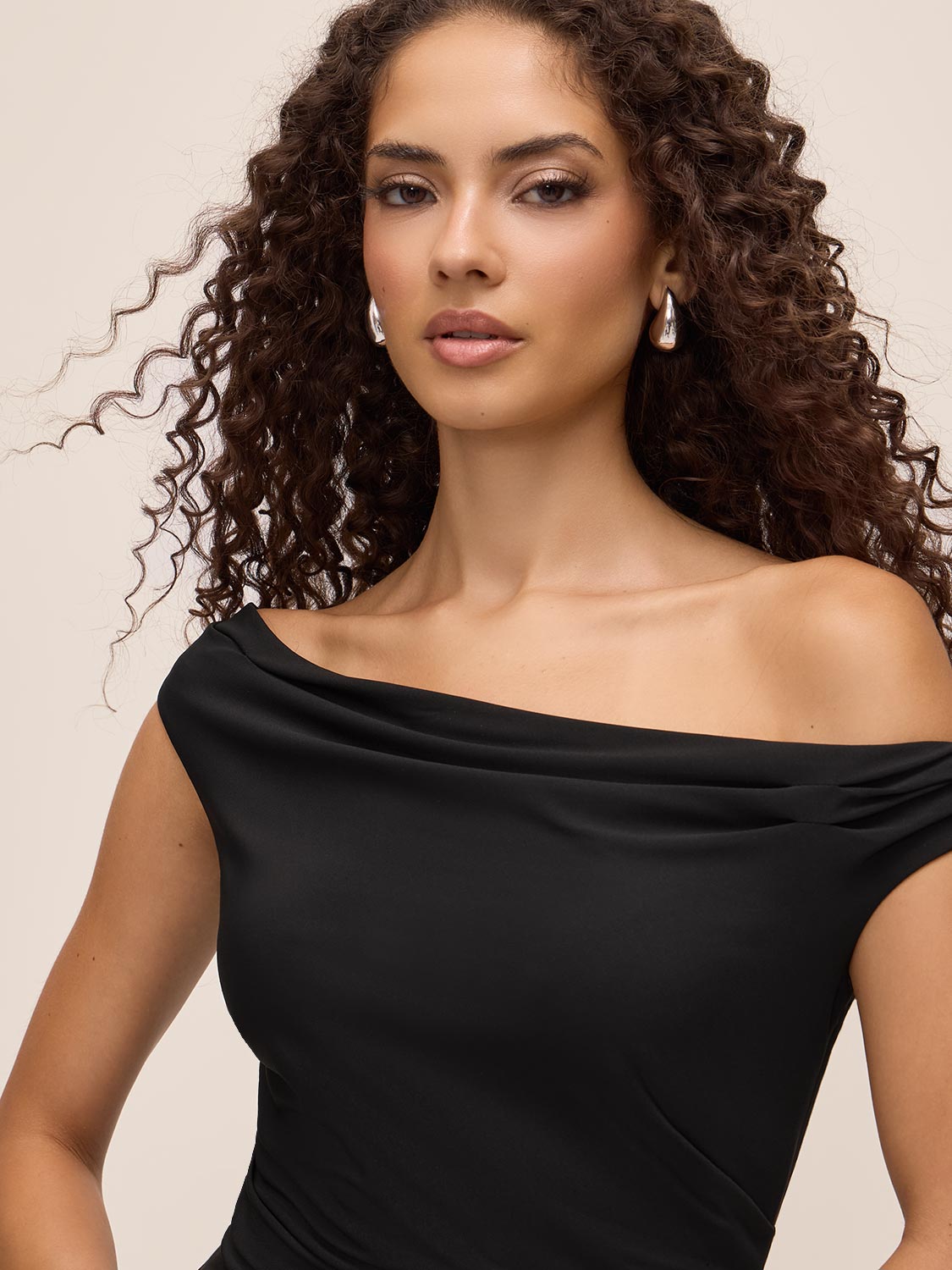 Black Asymmetric Neckline Sheath Dress - Asymmetric Neckline Detail - Le Chateau
