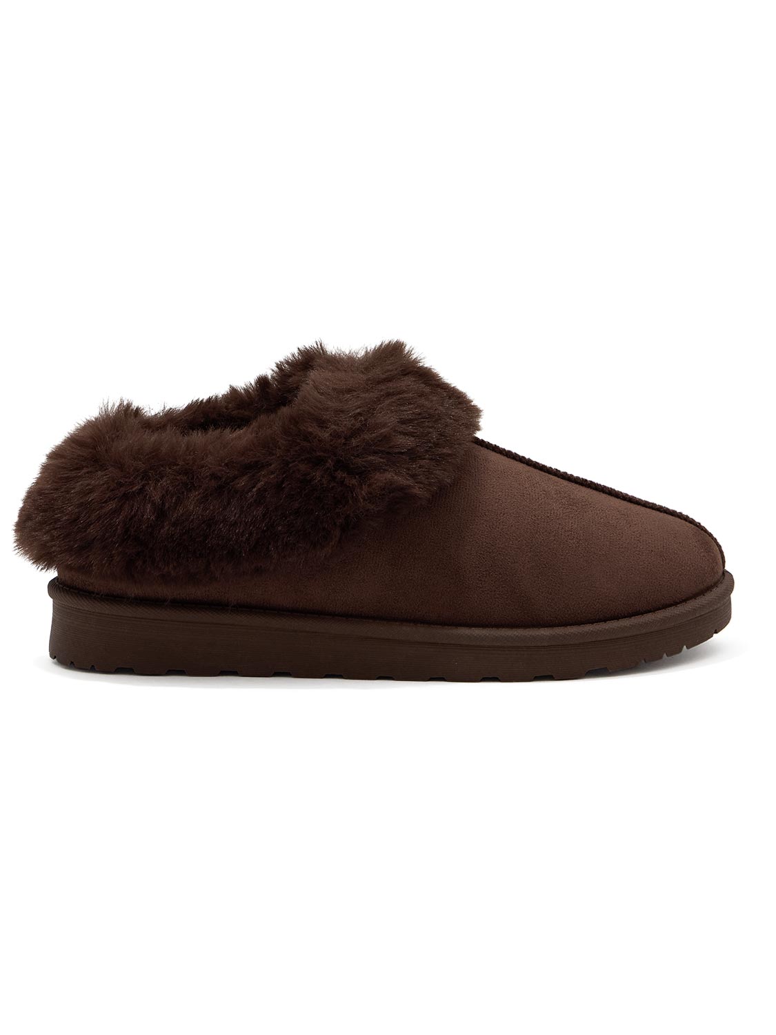 Dark Brown Faux Suede Slippers with Faux Fur Insole - Side View - Suzy Shier