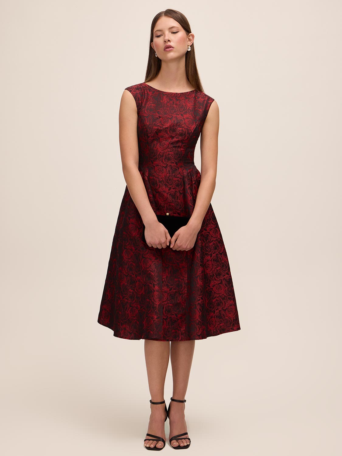 Lipstick Red/Black Jacquard Floral Fit & Flare Dress - Front View - Le Chateau
