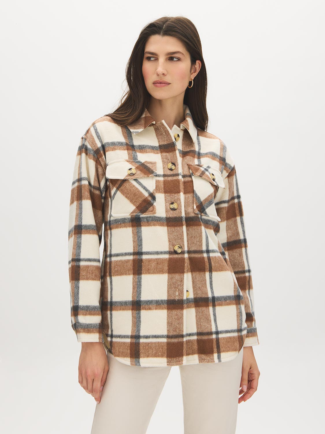 Khaki Plaid Shacket with Front Pockets - Woman Wearing Relaxed Fit Layering Piece - Suzy Shier