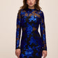 Sapphire/Black Mock Neck Mesh Mini Dress - Front Close-up View - Le Chateau