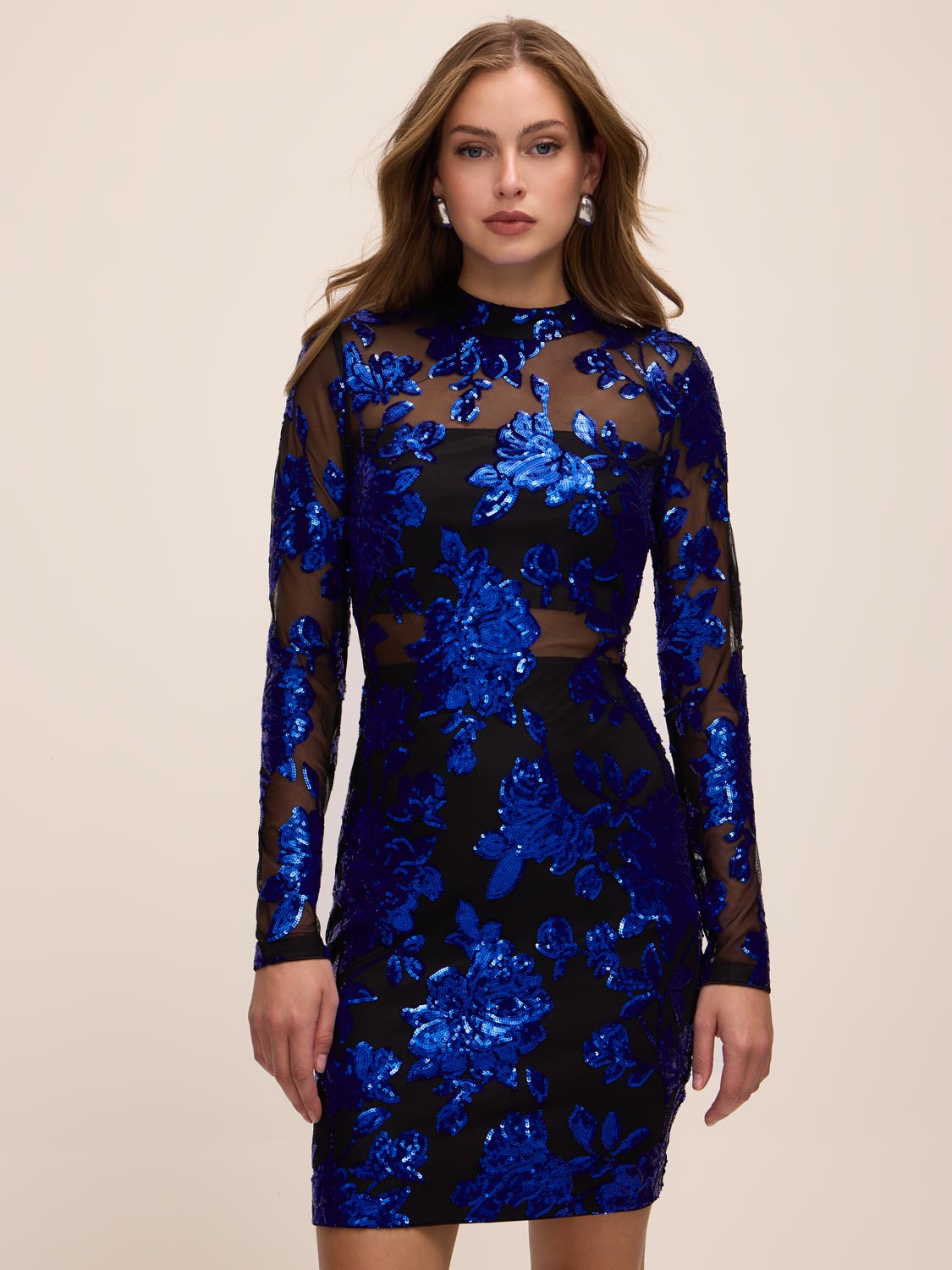Sapphire/Black Mock Neck Mesh Mini Dress - Front Close-up View - Le Chateau