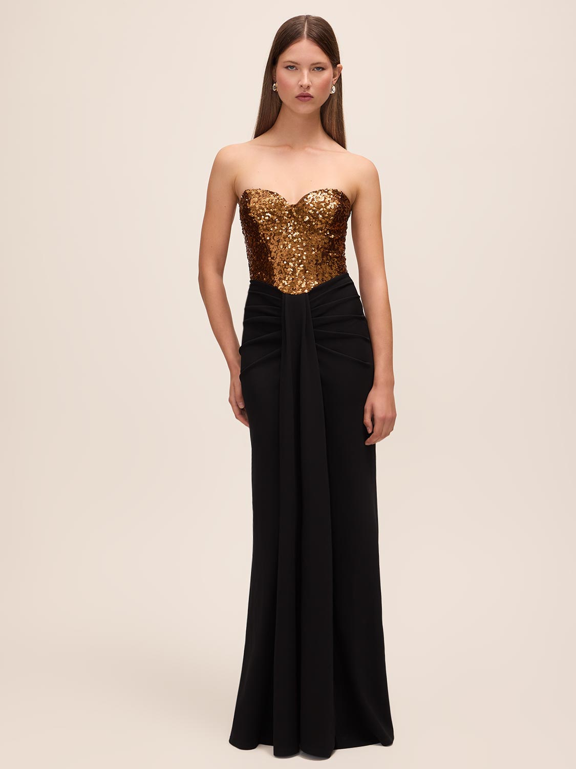 Black/Copper Sequin Bustier Dress with Draped Skirt - Woman Wearing Evening Dress with Sweetheart Neckline - Le Chateau