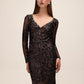 Black/Nude Leaf Pattern Sequin V-Neck Gown - Front View - Le Chateau