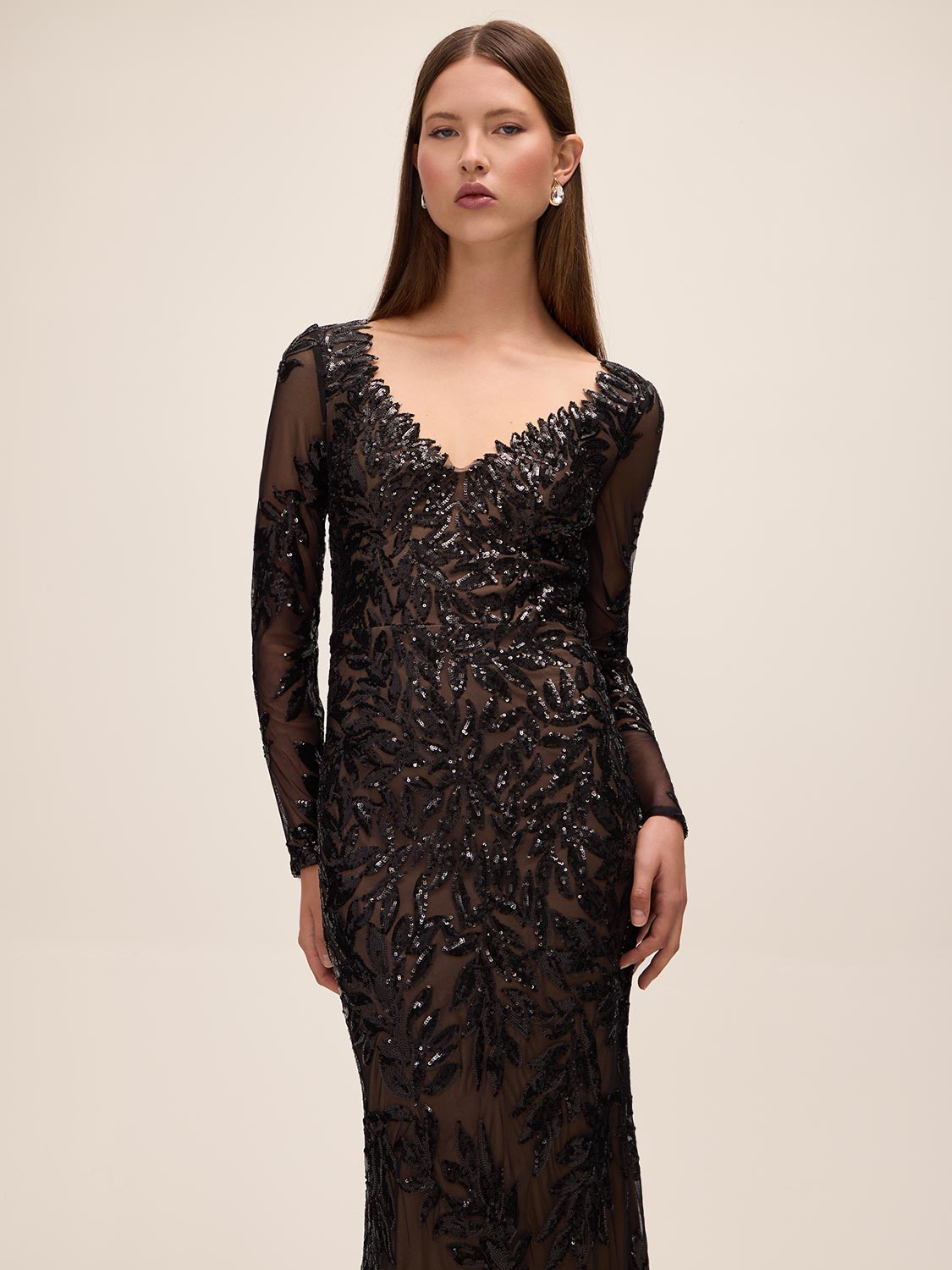 Black/Nude Leaf Pattern Sequin V-Neck Gown - Front View - Le Chateau