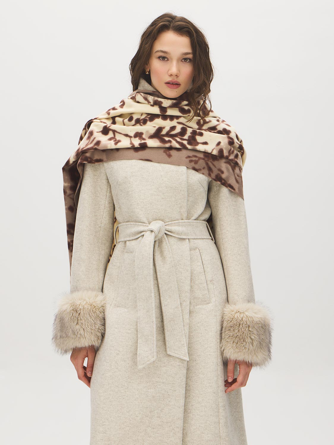 Brown/Beige Soft Brushed Printed Scarf - Close-up of Cozy Woven Fabric - Suzy Shier